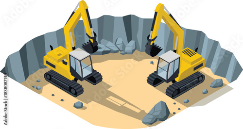 Isometric excavators, construction machinery, digging equipment, quarry scene, heavy equipment illustration, industrial excavator diggers, isometric construction site