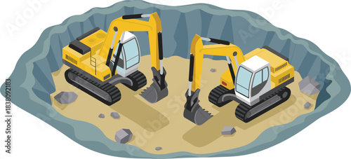 Isometric excavators, construction machinery, digging equipment, quarry scene, heavy equipment illustration, industrial excavator diggers, isometric construction site