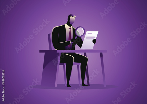 Businessman Analysing Document with Magnifying Glass – Inspection and Detail Checking Concept Vector