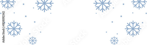 Frosty winter border with pale blue geometric snowflakes and scattered stars framing wide white copy space, perfect for Christmas greetings, seasonal invitations, web banners, and festive holiday prom