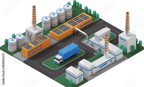 Isometric factory illustration, industrial plant with solar panels, warehouse buildings, storage tanks, power plant, logistics and manufacturing site
