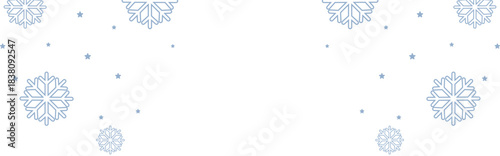 Frosty winter border with pale blue geometric snowflakes and scattered stars framing wide white copy space, perfect for Christmas greetings, seasonal invitations, web banners, and festive holiday prom