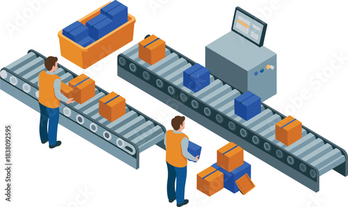 isometric factory, conveyor belt system, warehouse workers, industrial automation, packaging line, production process, assembly line, logistics equipment, manufacturing workflow
