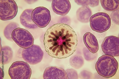 Blood cells in mitosis with a focus on the central cell in a minimalistic style