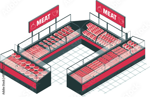 Isometric meat market display, butcher counter illustration, supermarket meat section, retail food showcase, beef and pork products, grocery store