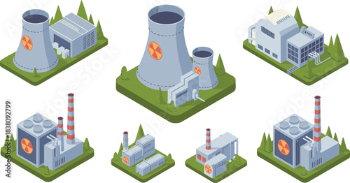 Isometric nuclear power plants, atomic energy stations, cooling towers, industrial facility set, nuclear reactor buildings, isometric energy illustration