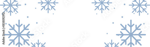 Frosty winter border with pale blue geometric snowflakes and scattered stars framing wide white copy space, perfect for Christmas greetings, seasonal invitations, web banners, and festive holiday prom