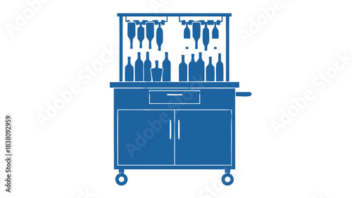 Blue Silhouette of a Mobile Bar Cart with Multiple Bottles Lined Up on Shelves and Drawers Below Against a Black Background, Clean Design