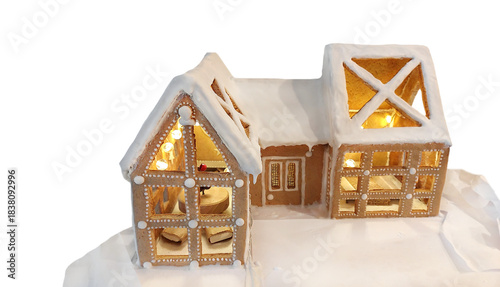 Gingerbread house with installed lights. Christmas  cozy home. Wall fixing, lighting installation, interior and exterior decor, roofing. Real estate business concept. House construction process. PNG