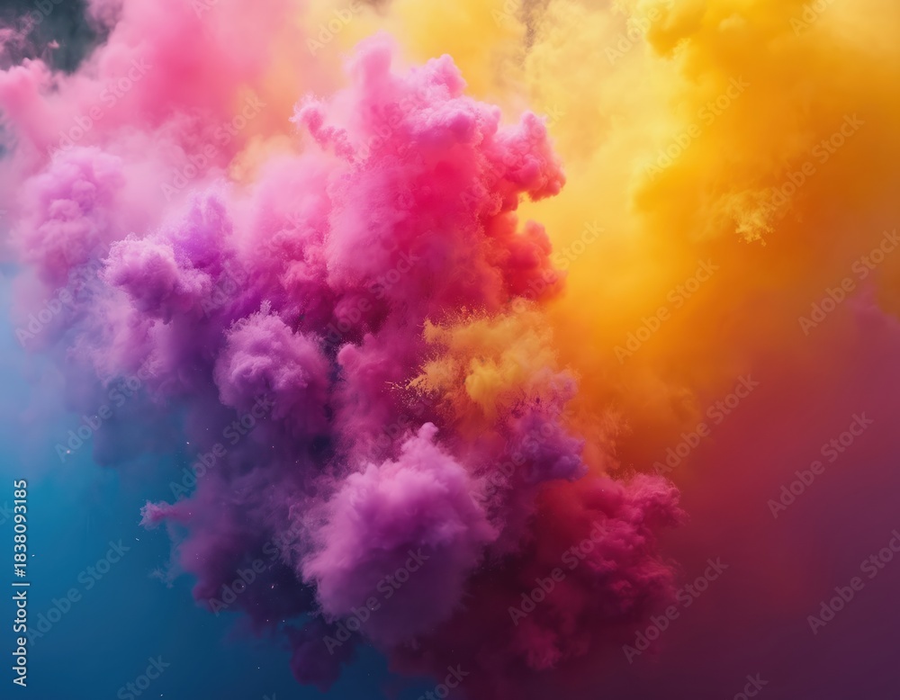 Fototapeta premium Abstract cloud of colorful powder in pink purple yellow hues. Dynamic smoke swirls and blends creating vibrant visual effects for creative design needs.