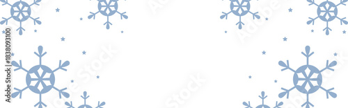 Frosty winter border with pale blue geometric snowflakes and scattered stars framing wide white copy space, perfect for Christmas greetings, seasonal invitations, web banners, and festive holiday prom