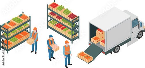 isometric produce warehouse, vegetable delivery, food distribution, workers loading truck, logistics illustration, fresh produce storage, supply chain concept