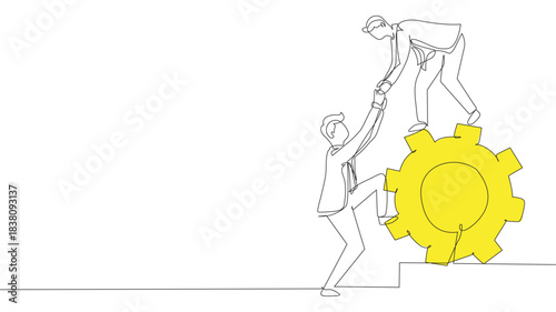 Single one-line drawing two businessmen helping each other on top of cog. Teamwork people help each other trust assistance. Goal concept. Modern continuous line draw design graphic vector illustration