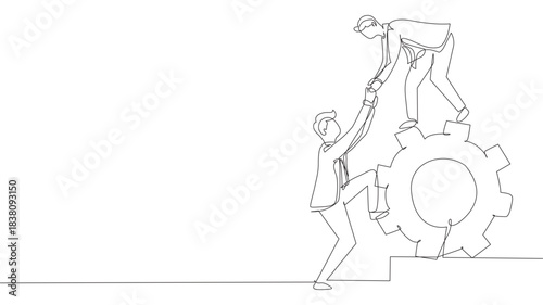 Single one-line drawing two businessmen helping each other on top of cog. Teamwork people help each other trust assistance. Goal concept. Modern continuous line draw design graphic vector illustration
