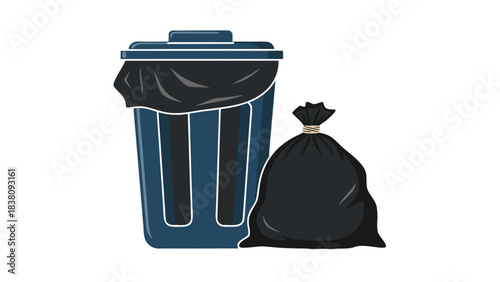 Blue Garbage Bin With Black Trash Bag And Tied Trash Sack Next To It On A Transparent Background