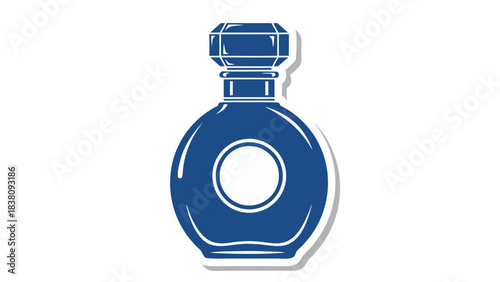 Blue Glass Perfume Bottle with White Circle Label on Black Background Simple Vector Graphic