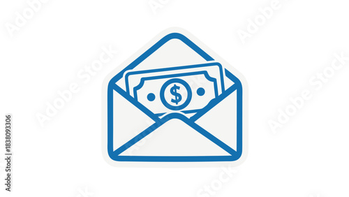 Blue Outline Icon of an Open Envelope with a Dollar Bill Inside on a White Background with Black Border