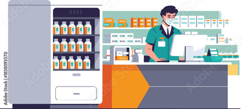 Modern pharmacy counter illustration, pharmacist at work, drugstore interior, medication shelves, pharmacy staff, healthcare retail, flat vector design
