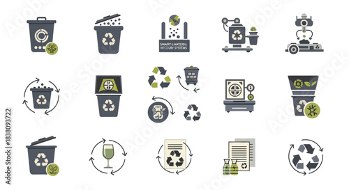 Recycling and Waste Management Icons Set.