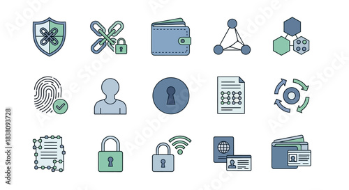 Security and Technology Icons Representing Digital Protection.