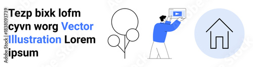 Man presenting video screen, tree, and house icon symbolizing technology, environment, and home themes. Ideal for e-learning, real estate, sustainability, technology education teamwork simple