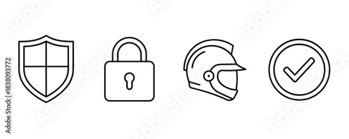 Set of security shield lock helmet and check mark line icons vector