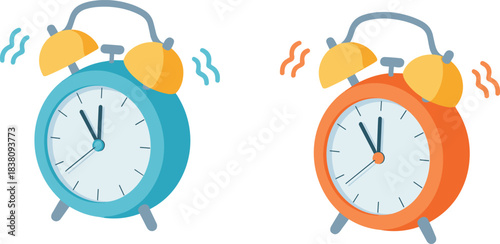 Ringing alarm clocks, teal and orange vintage clock icons, wake-up alert concept, flat design illustration, cartoon time reminder