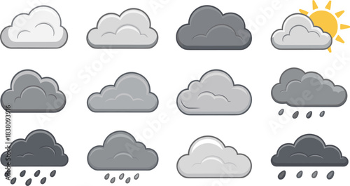 Weather cloud icon set, overcast clouds, rainy clouds, storm clouds, sun behind cloud, grey cloud illustrations, forecast symbols