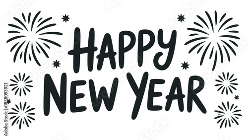 Bold “Happy New Year” festive text design with hand-drawn fireworks and star accents in black outline style for holiday greeting cards, posters, and celebration graphics
