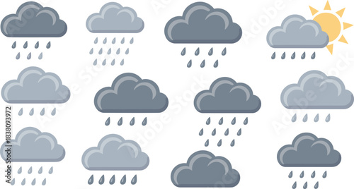 Weather cloud icon set, overcast clouds, rainy clouds, storm clouds, sun behind cloud, grey cloud illustrations, forecast symbols