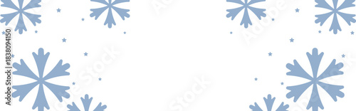 Frosty winter border with pale blue geometric snowflakes and scattered stars framing wide white copy space, perfect for Christmas greetings, seasonal invitations, web banners, and festive holiday prom