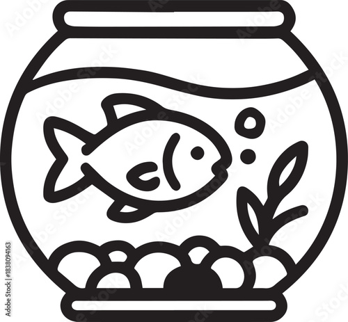 A meticulously crafted line art illustration of a goldfish gracefully swimming in a classic fishbowl, encircled by bubbles, aquatic plants, and stones.