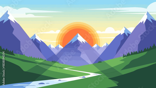 Mountain Sunset Vista: Panoramic view captures the majestic peaks silhouetted against a radiant sunset sky, evoking tranquility and the grandeur of nature's artistry.