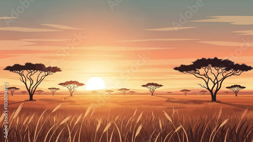 African Sunset: A vibrant African sunset bathes the savannah in a warm, golden glow, silhouetting the iconic acacia trees and creating a serene, picturesque landscape.