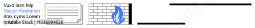 Business efficiency, energy management, digital security, documentation, data storage, technology. Icons include document, brick wall and blue flame. Digital security and energy management concepts