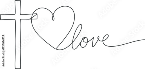 Christian cross heart love symbol continuous line art drawing