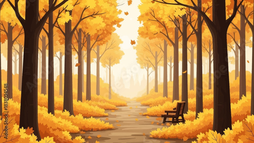 Golden Serenity: An ethereal landscape of autumn's embrace, where a path winds through a vibrant forest of amber hues, inviting contemplation and peace.