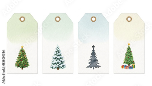 Watercolor Christmas Tree Gift Tags Set with Snowy, Minimal and Decorated Holiday Trees, Festive Printable Labels