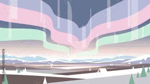A minimalist illustration of a serene winter landscape with vibrant aurora borealis lights dancing across the night sky over snow-covered mountains and a small cabin.