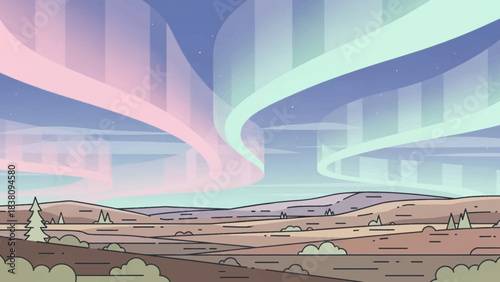 Stylized animated landscape featuring a vibrant aurora borealis with pink, green, and blue lights over a vast, open terrain with sparse trees and hills under a starry night sky.