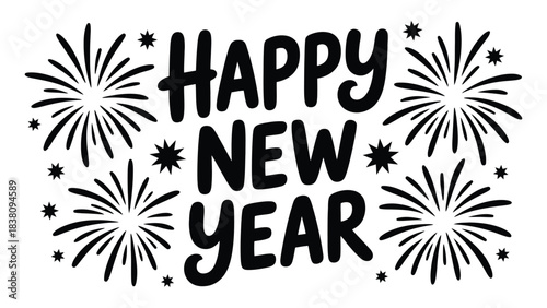 Bold “Happy New Year” festive typography with hand-drawn fireworks and decorative stars in black outline style for celebration cards, posters, and holiday graphics