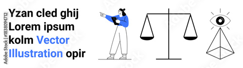 Woman in blue points at text, balancing scales emphasizing fairness, pyramid with all-seeing eye symbolizing clarity and awareness. Ideal for education, justice, ethics, self-awareness, balance