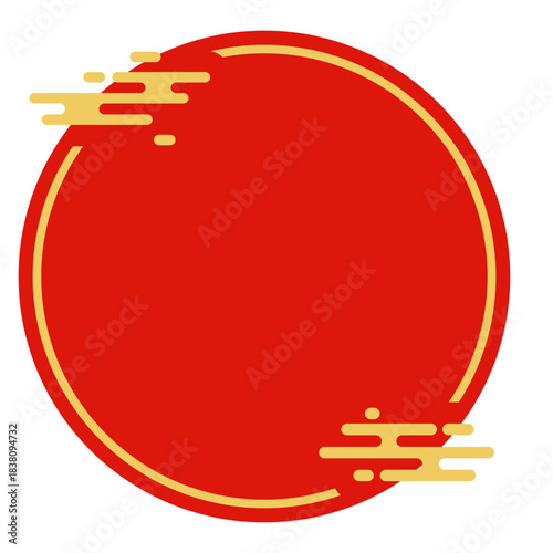 Vibrant Red Circular Frame with Golden Accents and Stylized Asian Cloud Details