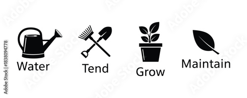 Garden care icons with watering can shovel plant and leaf symbols vector