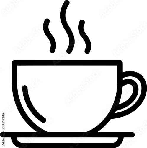 Simple line art icon of a steaming coffee cup on a saucer