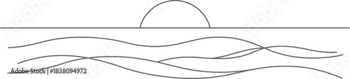 Minimalist line art of a sunset over wavy ocean waters