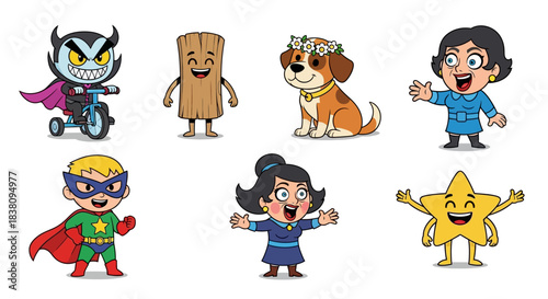 Collection of assorted cartoon characters with cheerful expressions and diverse designs, isolated