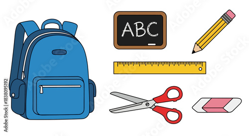 Illustrative depiction of essential school supplies arranged on a clean white backdrop