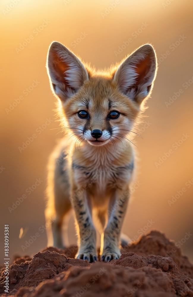 Obraz premium Cute cape fox pup stands on sand dune at sunrise. Young wild animal with big ears has golden back light. Desert mammal is looking at camera.