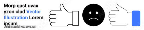 Feedback, reviews, decision-making, opinions, user preferences, social media. A black neutral face between a thumbs-up and thumbs-down. Feedback and reviews concept